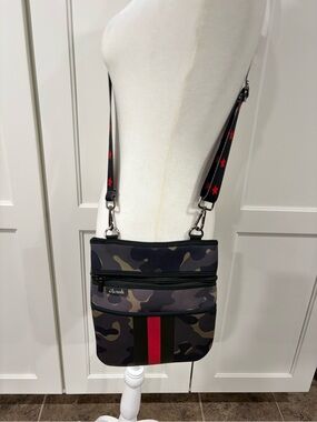 Women's Camo Crossbody Bag with Red Stripe